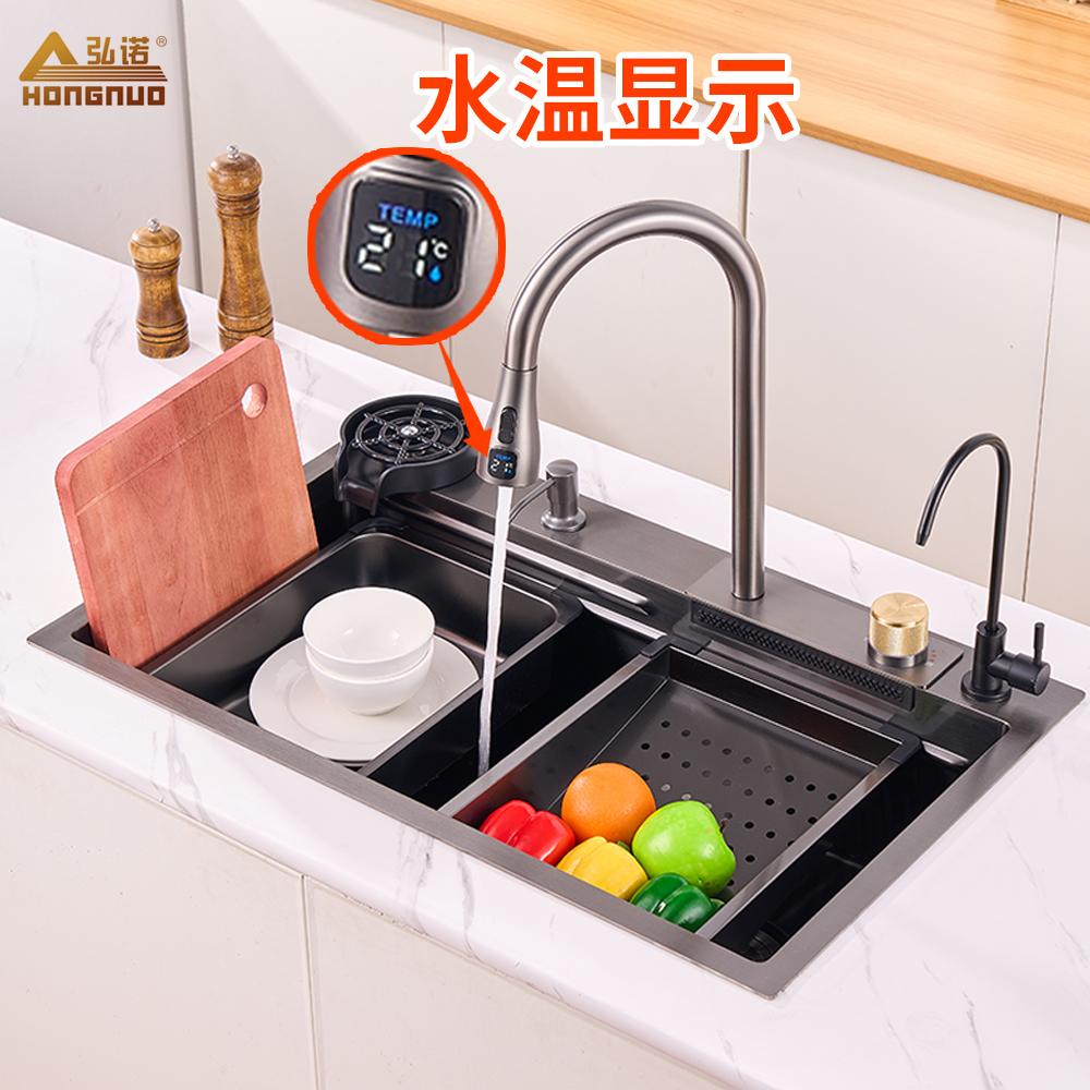 洗菜盆洗碗水池飞雨瀑布出水龙头纳米手工厨房家用不锈钢水槽单槽