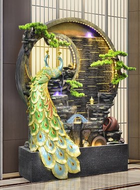 大型假山水幕墙流水喷泉摆件循环水客厅招财孔雀风水轮落地装饰品