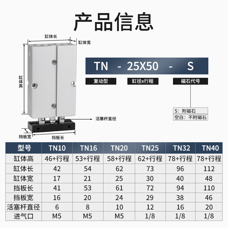 气动小型双轴气缸TN10/16/20/25/32X10X15X2