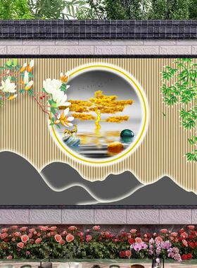 新中式别墅庭院迎客松瓷砖壁画会所茶室酒店影壁墙客厅电视墙装饰
