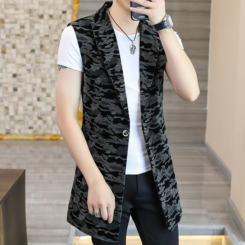 春秋季中长款风衣男韩版潮流发型师无H袖马甲迷彩个性西服外套男