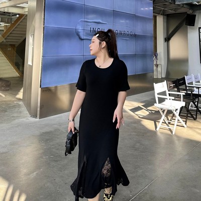 大码女装女人味蕾丝拼接鱼尾裙中长款胖mm夏季显瘦藏肉短袖连衣裙