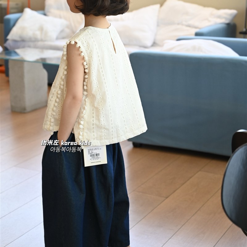 现货女童夏装上衣2024新款洋气女孩娃娃衫中大童无袖衬衫背心时髦