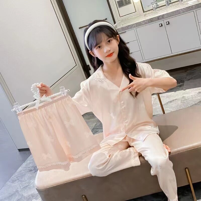 儿童冰丝睡衣女童夏季薄款短袖长裤空调服三件套装女孩真丝家居服