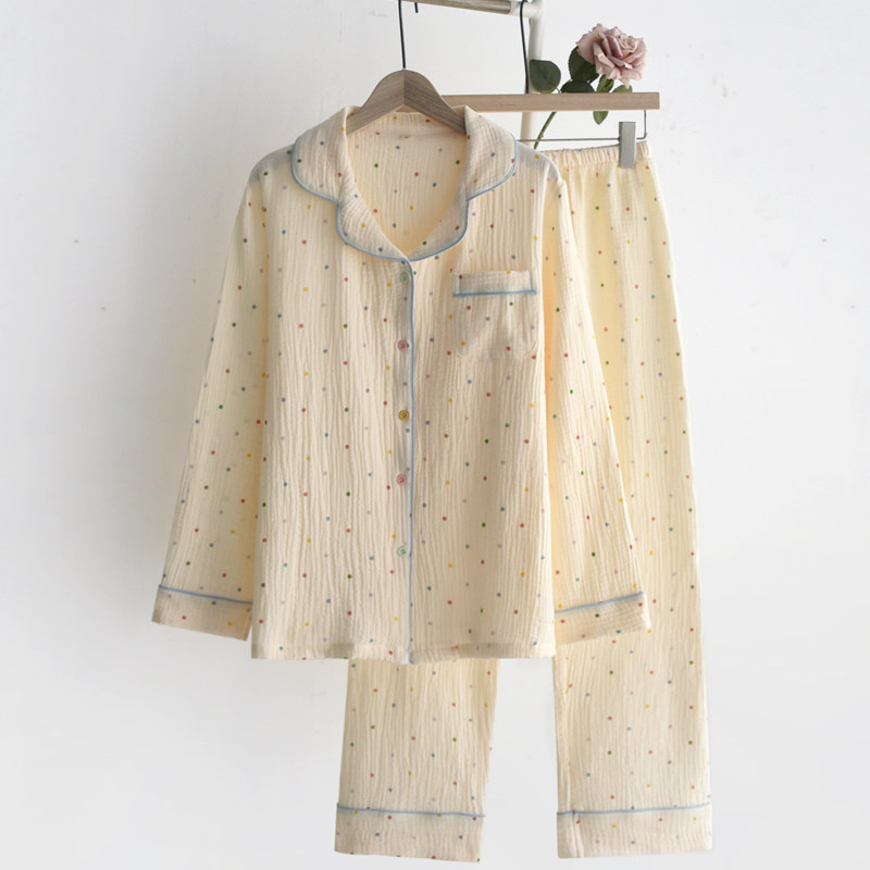 日系彩点睡衣女士春秋夏季纱布薄款宽松长袖开衫家居服套装,女士内衣/男士内衣/家居服,睡衣/家居服套装,淘宝优惠券,粉丝福利购,淘宝优惠卷