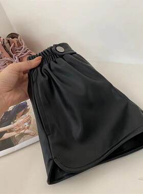 女童休闲宽e松加绒小皮裤2023秋冬装新款韩版松紧腰儿童加厚短裤