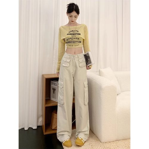 美式工装多口袋宽松阔腿牛仔裤女2024秋冬新款小个子高腰直筒裤子