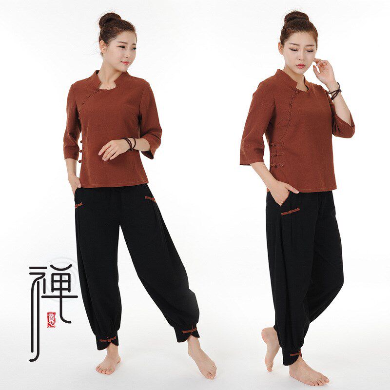 秋冬新款复古棉麻居士服亚麻七y分袖禅意禅修茶服女大码套装6060