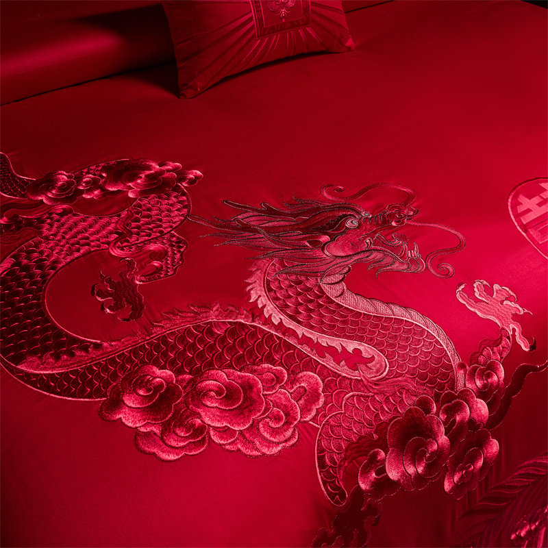 高级感龙凤中式全棉刺绣四件套婚房出嫁红色床盖喜庆结婚床品,床上用品,婚庆床品套件,淘宝优惠券,粉丝福利购,淘宝优惠卷