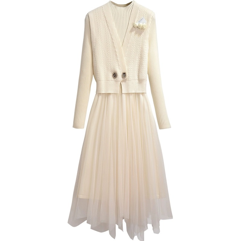 秋冬季哺乳衣外出辣妈款产后哺乳衣网纱拼接中长版毛衣哺乳洋装