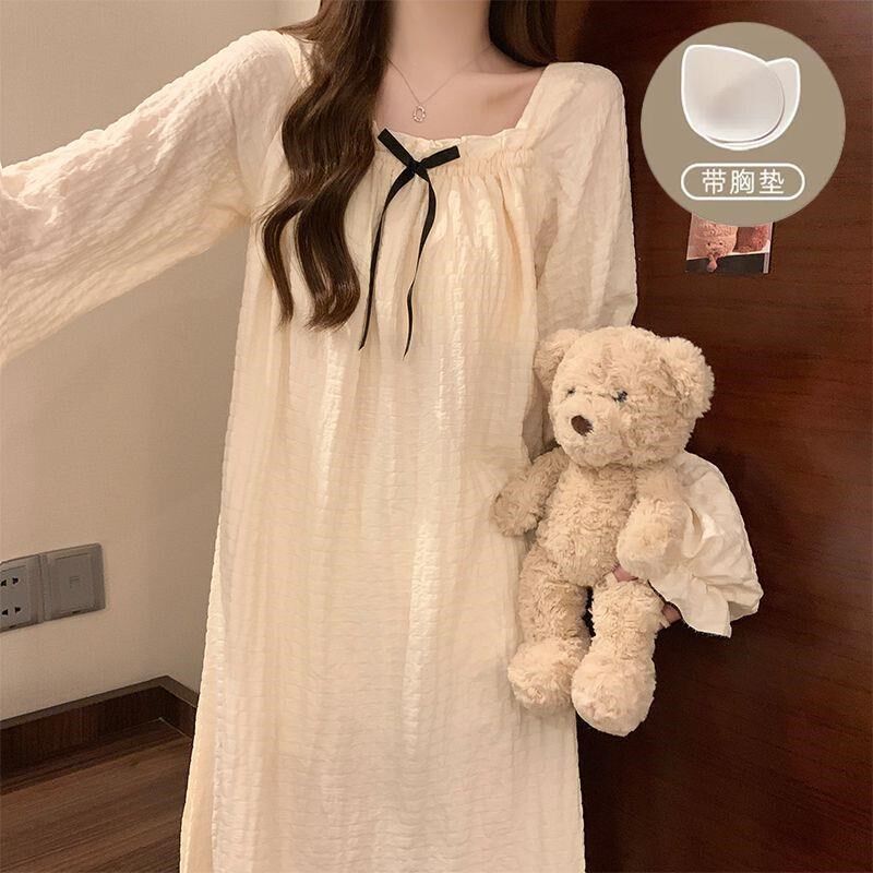自带胸垫一体式睡衣女款春秋季韩版公主风睡裙夏季薄款孕妇家居服