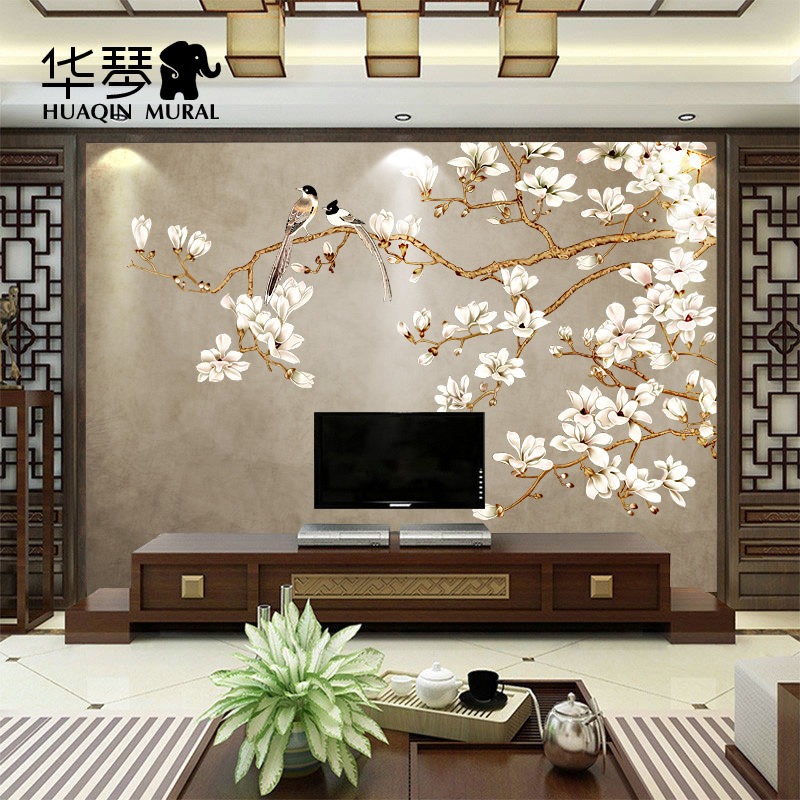 新中式花鸟壁画定制壁纸 怀x旧复古客厅电视卧室背景墙无纺布墙纸