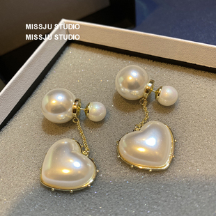 简约心形大小珍珠两戴款复古耳钉桃心耳环网红耳饰女甜美气质爱心