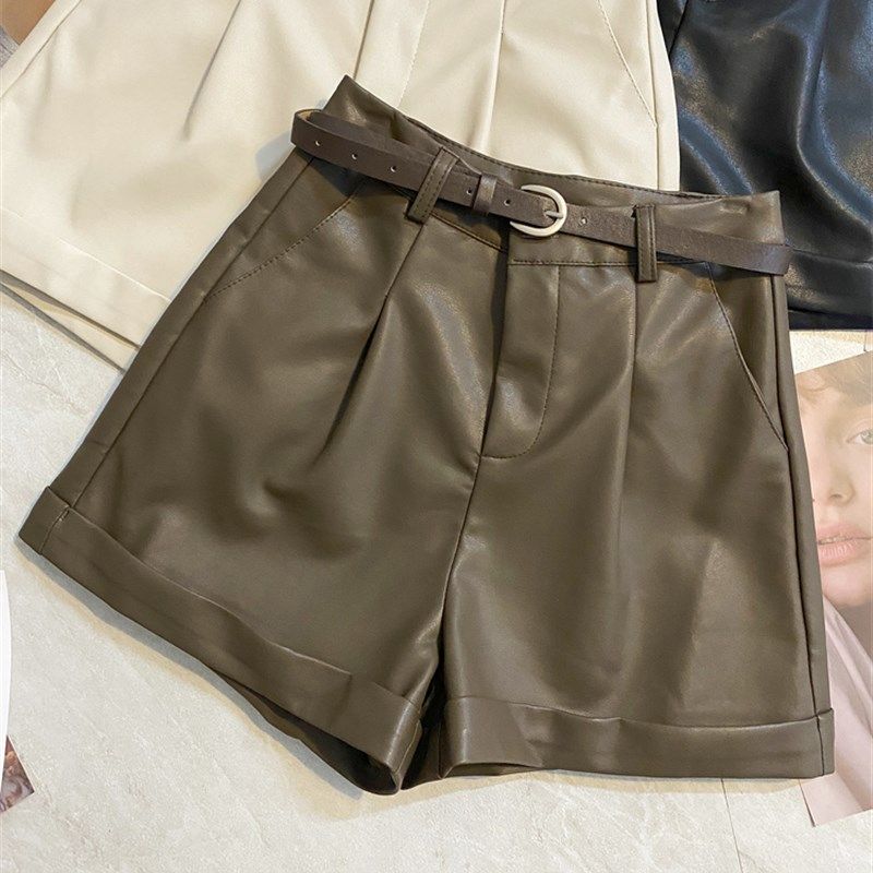咖色皮短裤女秋冬高腰A字阔腿裤pu皮休闲裤配腰带皮裤子外穿靴裤,女装/女士精品,休闲裤,淘宝优惠券,粉丝福利购,淘宝优惠卷