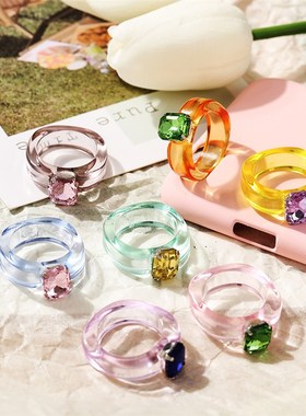 速发Jelly diamond ring finger rings women 果冻色钻石戒指彩色