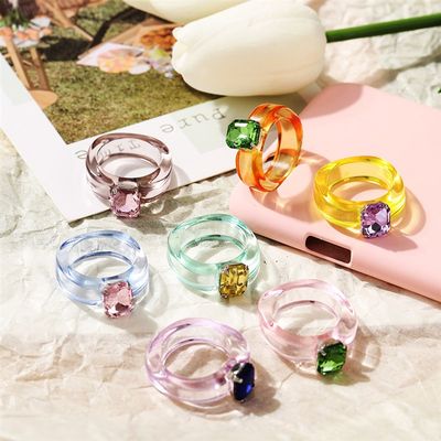 速发Jelly diamond ring finger rings women 果冻色钻石戒指彩色