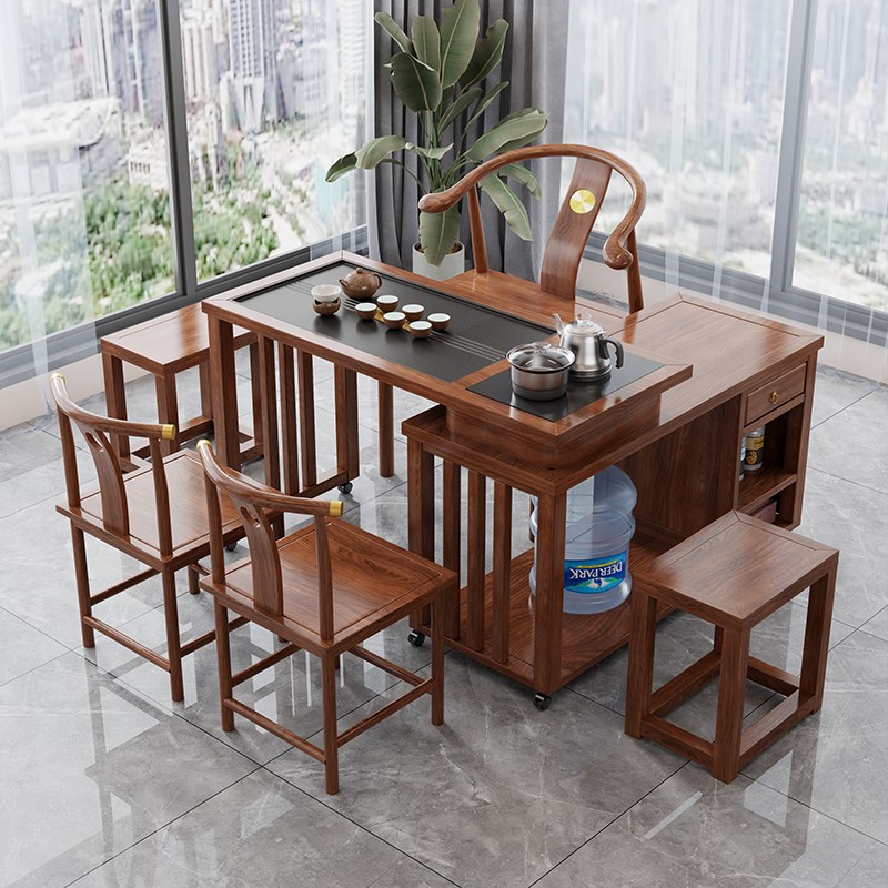 新中式实木旋转茶桌椅组合家用阳台移动茶台小户型喝茶桌茶具现货