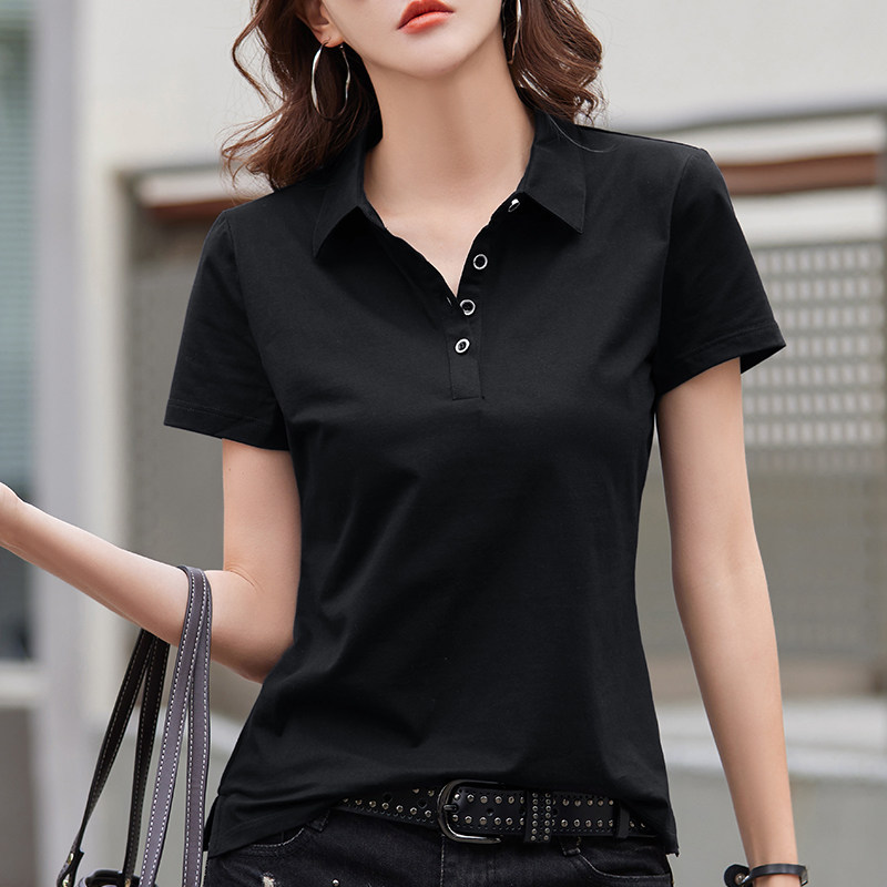 polo领短袖t恤女黑色纯棉2023夏季新款翻领纽扣上衣宽松半袖体桖