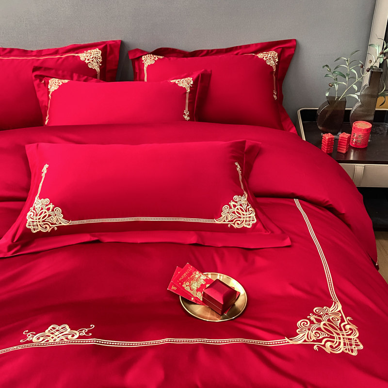 高档简约结婚四件套大红色床单被套全棉纯棉婚庆床上用品婚房喜被,床上用品,婚庆床品套件,淘宝优惠券,粉丝福利购,淘宝优惠卷