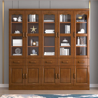 实木书柜现代中式书架带玻璃门落地储物简约书橱办公室书房置物架