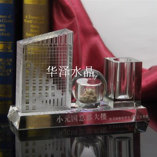 新品内雕楼模水晶建筑模型v摆件酒B店大楼落成纪念品水晶笔筒三定