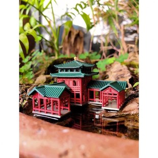 鱼缸造景古建筑市井中心客栈小摆件假山奇石水陆庭院盆景书房模型