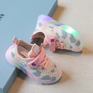 儿童运动鞋带灯中小童鞋男童女童宝宝休闲鞋子网面透气飞织洞洞鞋
