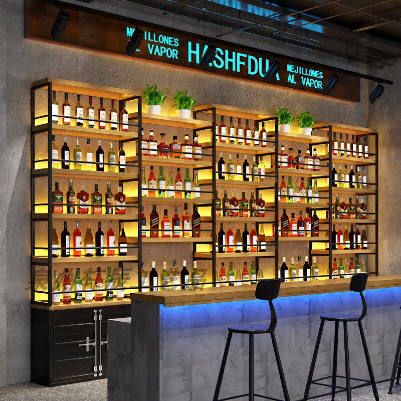 简约铁艺红酒架清吧商用靠墙发光酒柜子酒吧展r示柜酒庄落地置物