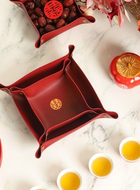 皮质早生贵子果盘婚礼压床模具喜糖盒果篮结婚红色干果Z盘婚房布