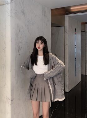 学院风毛衣外套两件套秋冬季韩版学生F甜美减龄搭配百褶裙套装少