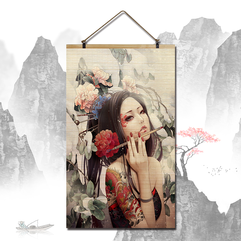 虔诚竹帘片卷轴挂画古代藏族少女画国画仕女背景墙玄关人物装饰画