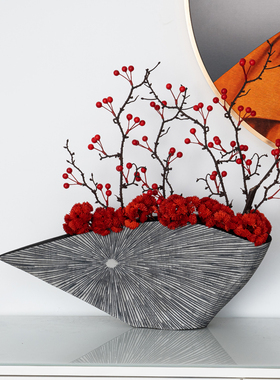 现代创意艺术软装盆p景花艺复古扇形插花套装酒店售楼处前台摆设