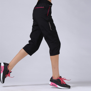 户外徒步透气七分裤运动宽松微弹薄款快干中裤女大码夏季黑色速干