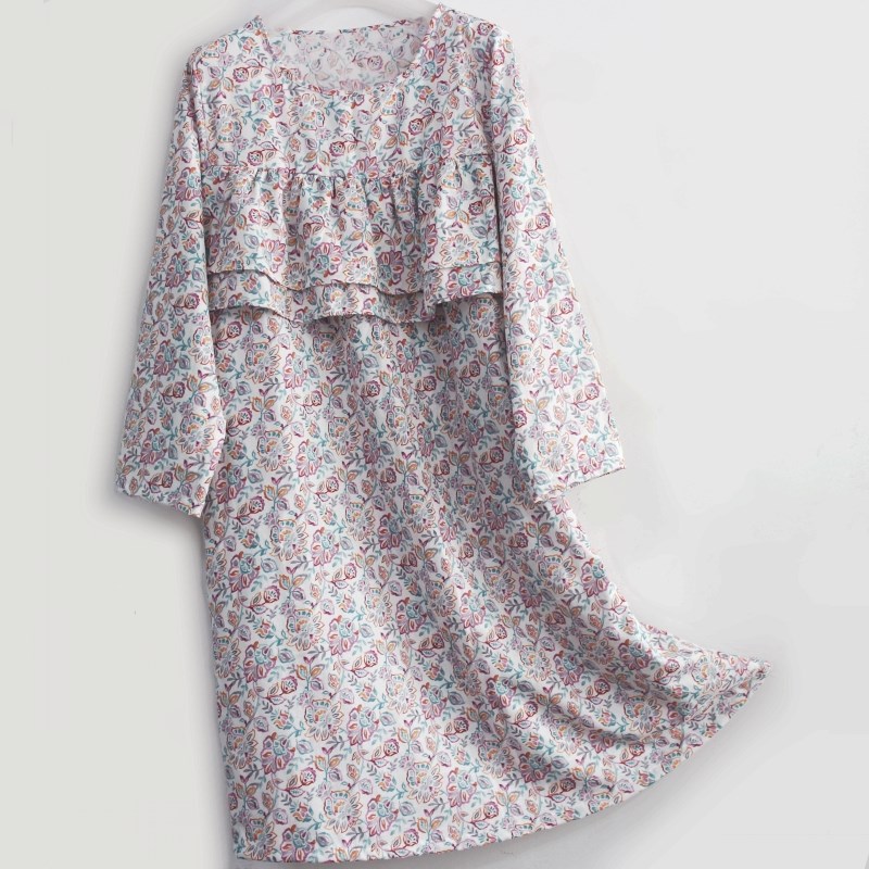 纯棉纱布睡裙长袖遮胸胸前双层荷叶边连衣裙防凸点全棉家居服夏女
