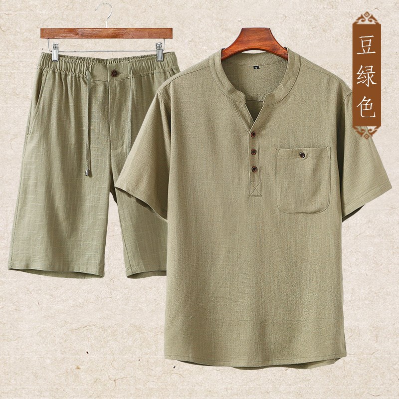 夏季爸爸套装男士短袖t恤棉麻夏装中老年爷爷休闲亚麻男装中国风