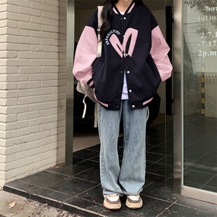 港风棒球服女春秋款2023年新A款学生宽松复古绣花皮袖拼接夹克外