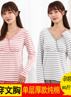 纯棉哺乳期秋衣秋冬季睡衣大码宽松彩棉产后喂奶月子服长袖上衣女