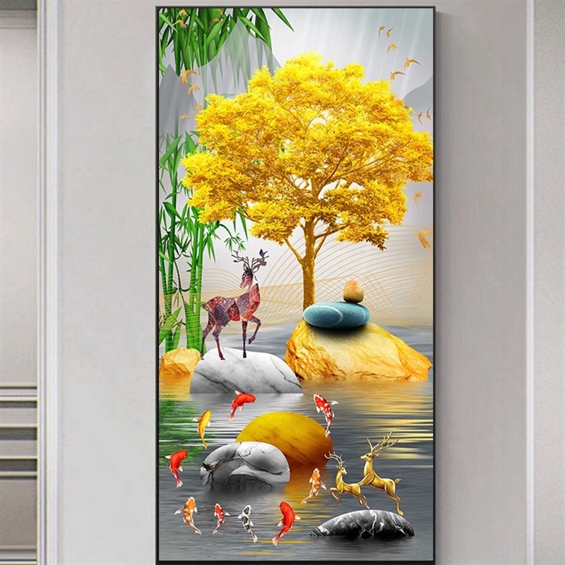 入户玄关装饰画客厅正对门挂画九鱼图过道走廊尽头墙壁画单幅竖版