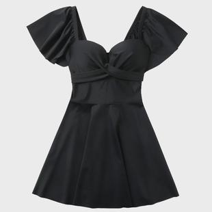 如厕版 大胸小胸钢托聚拢显瘦遮肚温泉平角泳装 飞袖 泳衣女连体裙式