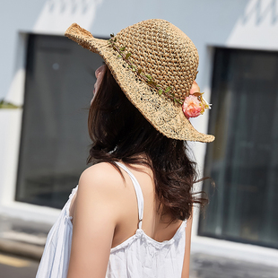 镂空帽子女韩版潮百搭花朵草帽女夏季小清新手工编制沙滩帽可折叠