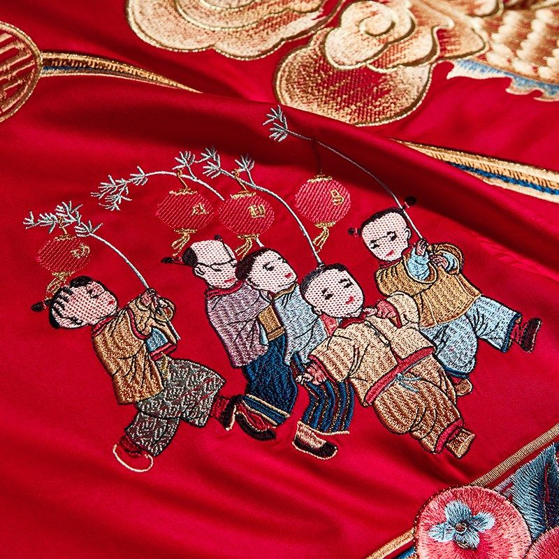 中式结婚龙凤刺绣长绒棉全棉四件套豪华婚房红色床单被套床上用品