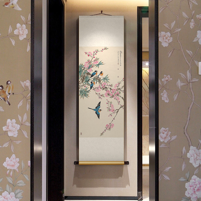 花鸟新中式丝绸卷轴挂画书房玄关招财装饰画客厅餐厅过道背景墙画,家居饰品,现代装饰画,淘宝优惠券,粉丝福利购,淘宝优惠卷