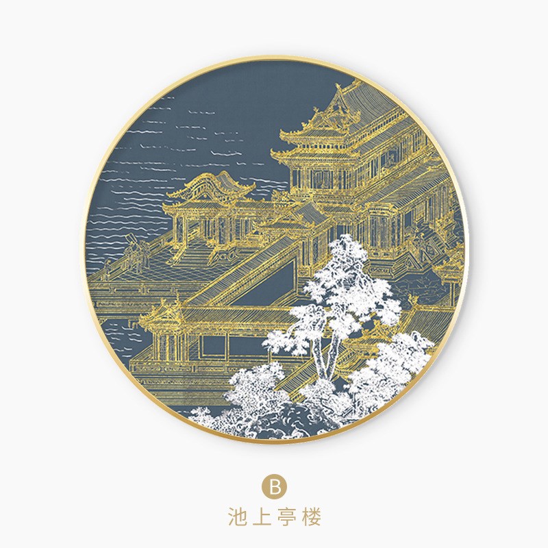 新中式圆形玄关装饰画古代建筑走廊挂画客厅别墅中国风意境墙壁画图片