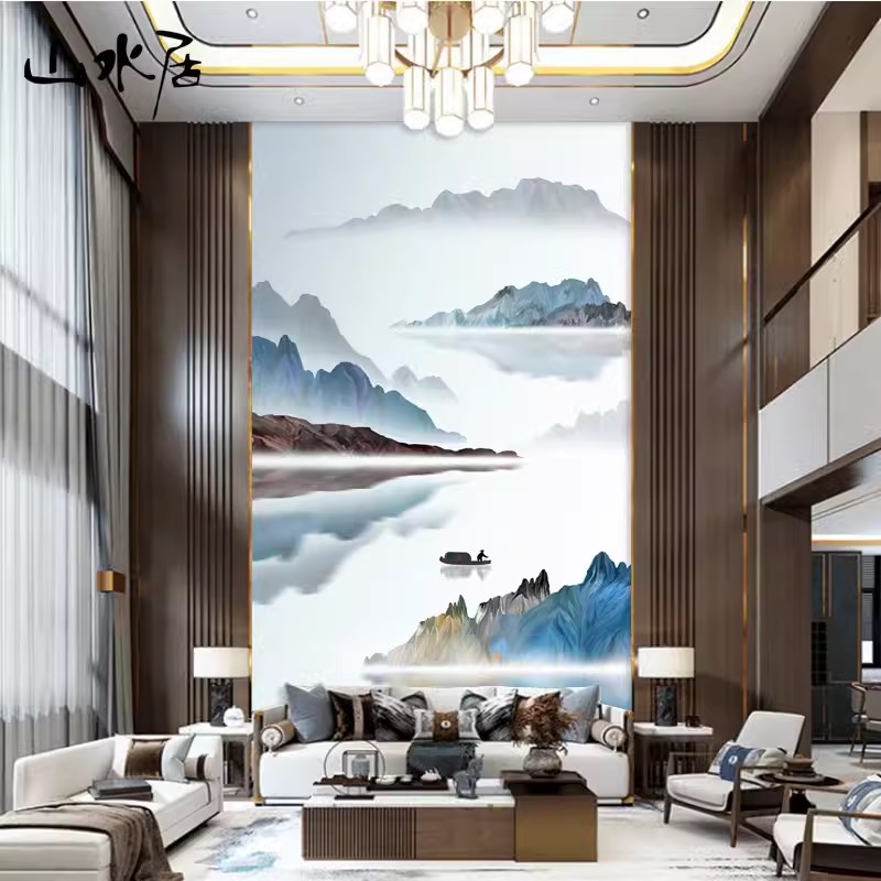 别墅挑高复式楼电视背景墙壁纸中式客厅挑空玄关壁画影视墙布壁布