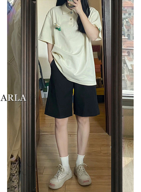 黑色西装短裤女夏季高腰大码胖mAm宽松显瘦梨形身材休闲直筒五分