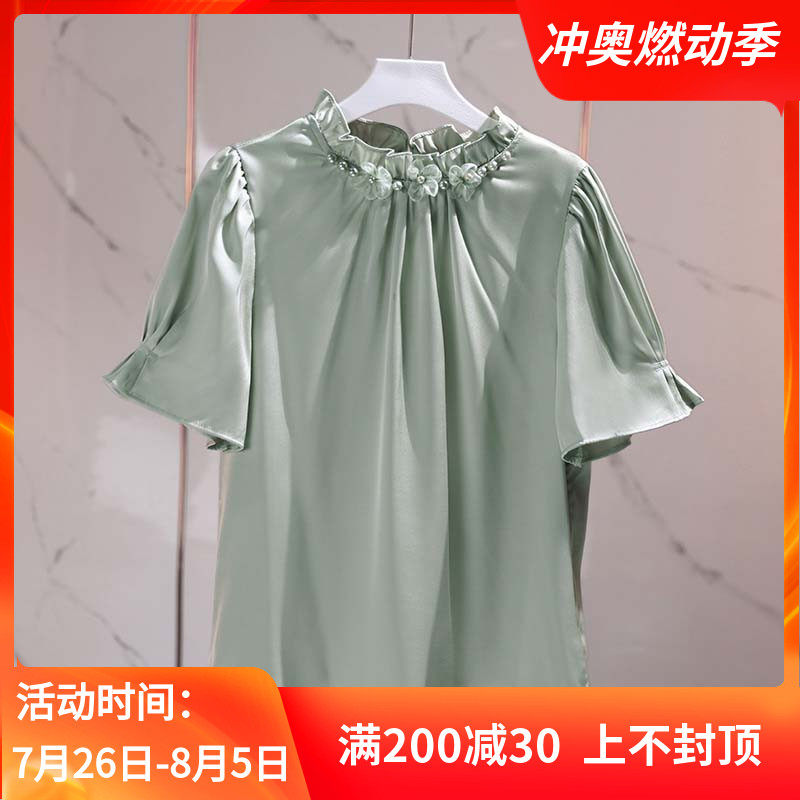 韩版花朵钉珠衬衫女士夏季短袖别致漂亮雪纺衫套头上衣