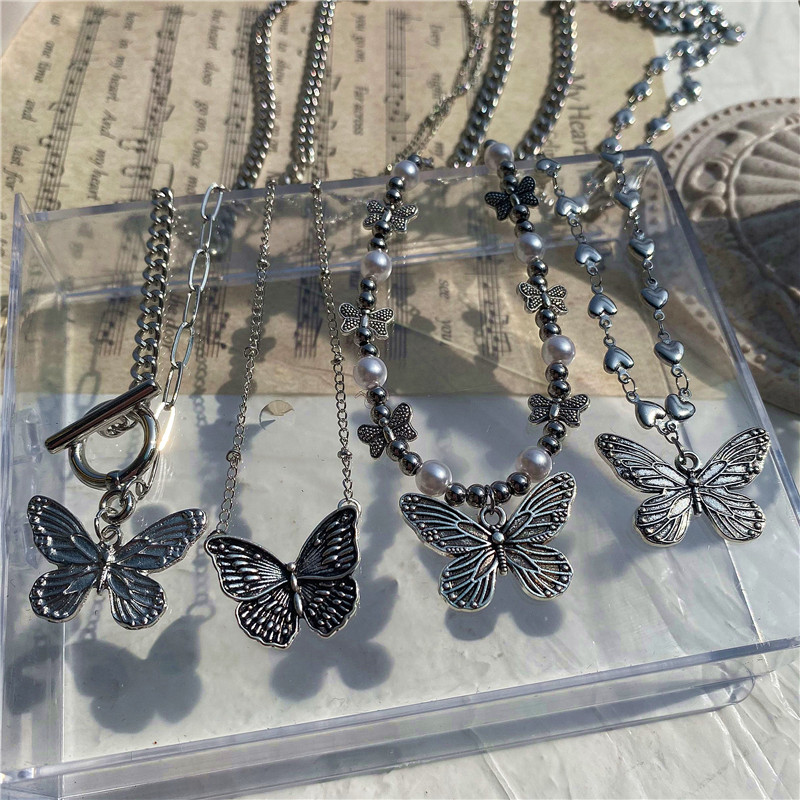 速发Goth Butterfly Pearl Beads Pendant Chain Choker Necklace