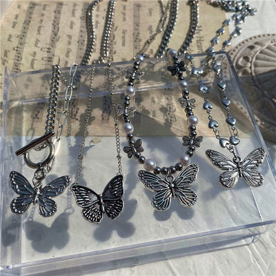 推荐Goth Butterfly Pearl Beads Pendant Chain Choker Necklace