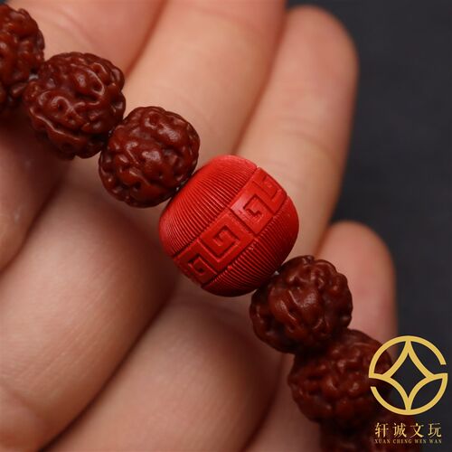 原矿朱砂回纹老型雕刻桶珠鼓珠天珠E顶珠腰珠手串散珠文玩配饰配