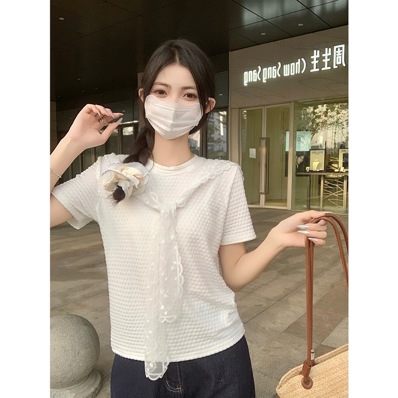 2025夏装新款胖mm大码女装甜美减龄蕾丝披肩气质显瘦正肩短袖T恤